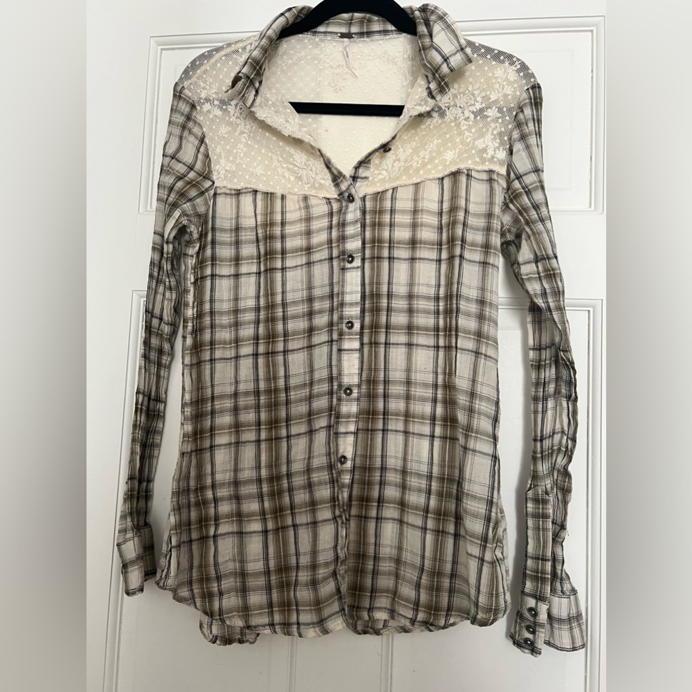 Free People Saddle Up Button Down Lace Shirt in Ivory Combo